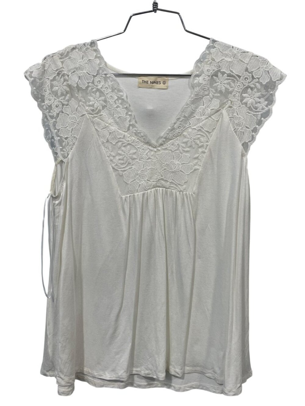 The Nines Floral Lace Sleeve Top Large V-Neck Cream Bohemian Hippie Minimalist